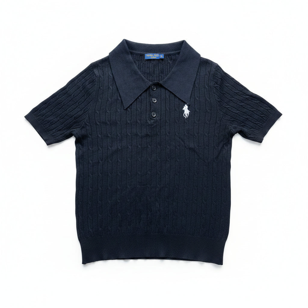 Navy Blue Cable-Knit Polo Shirt