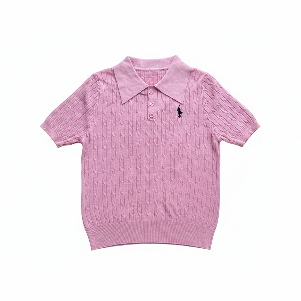 Light Pink Cable-Knit Polo Shirt
