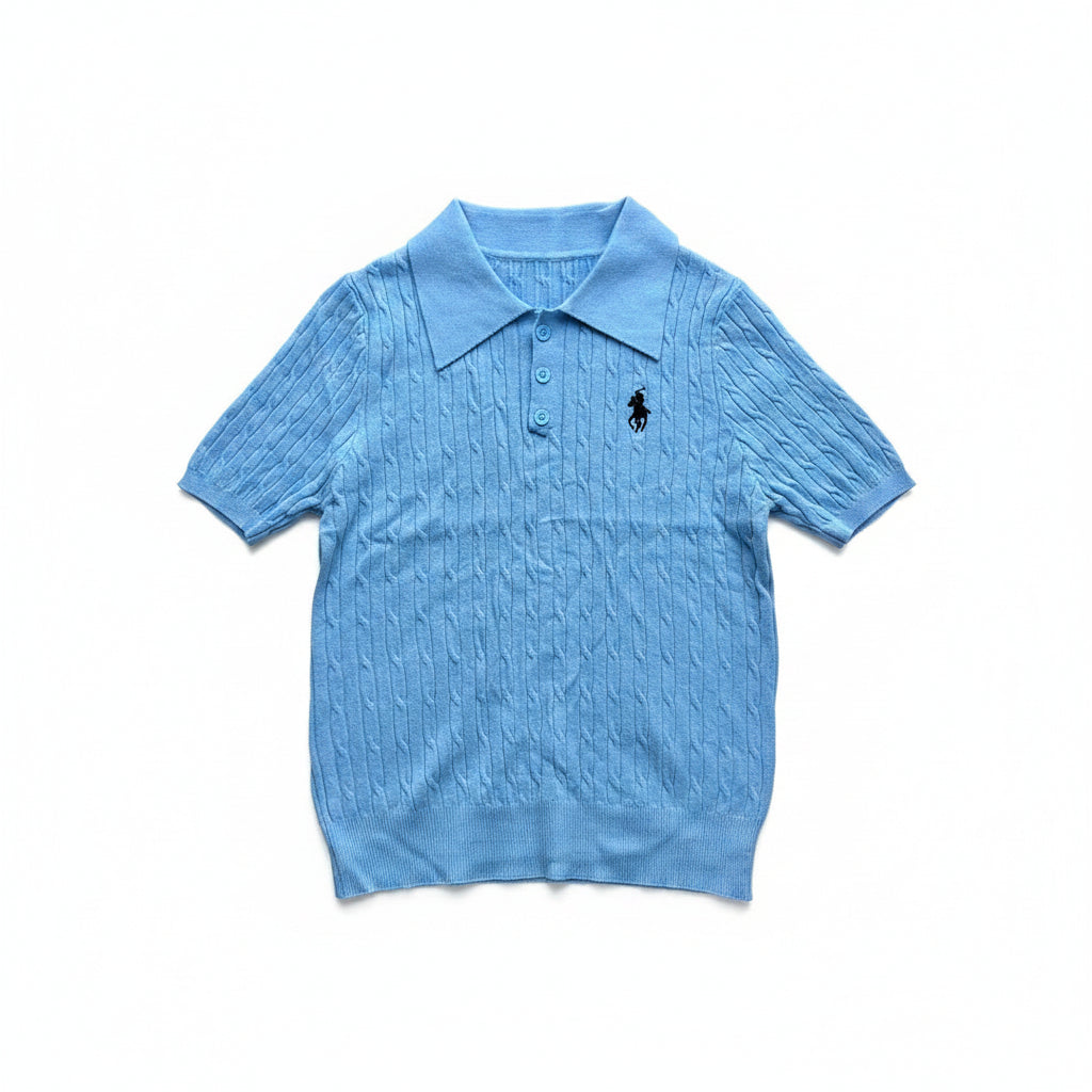 Sky Blue Cable-Knit Polo Shirt