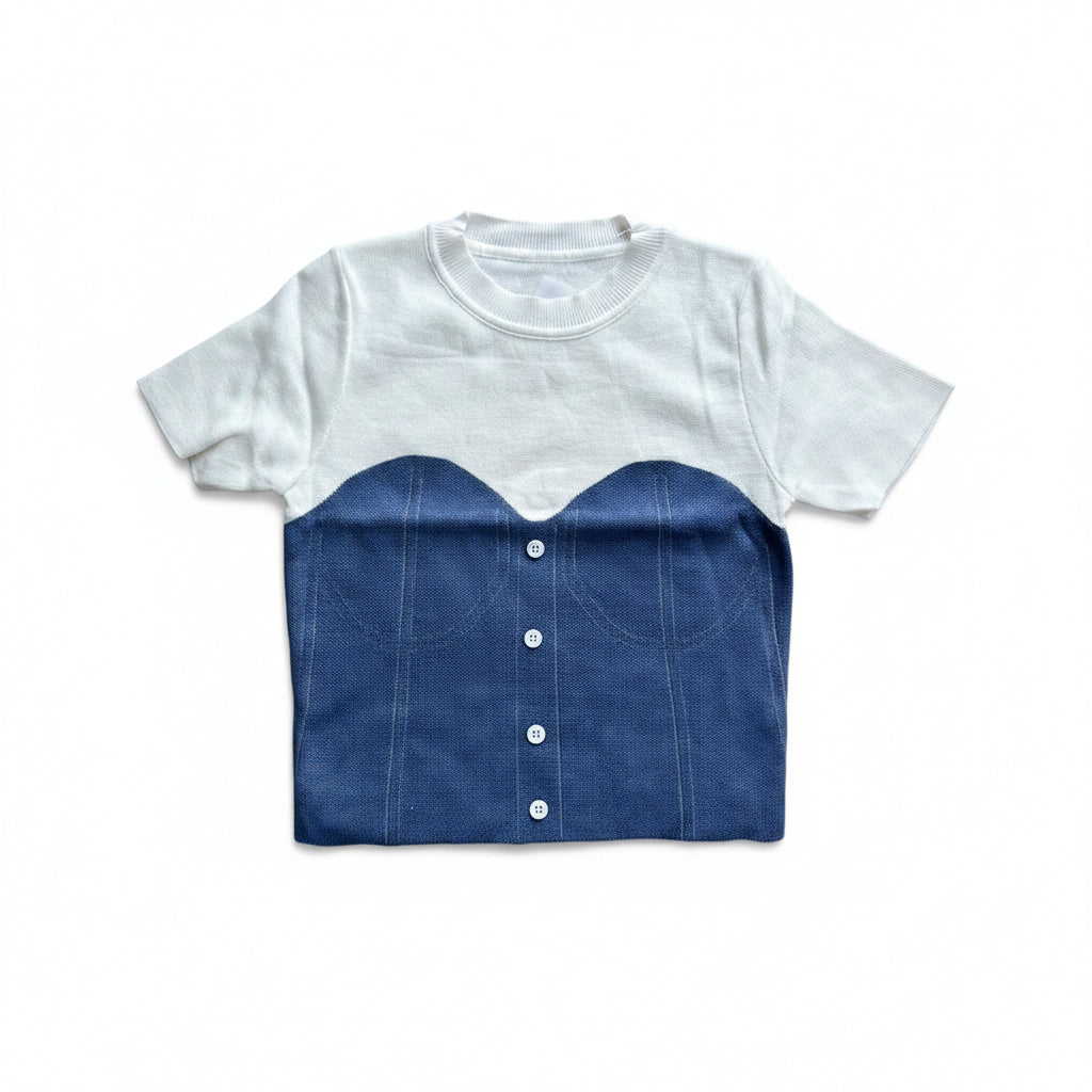 Two-Tone Knitting T-Shirt Top - White & Navy Blue