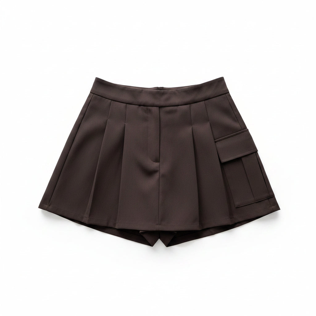 Women Pleated Skorts with Side Slit - Dark Brown