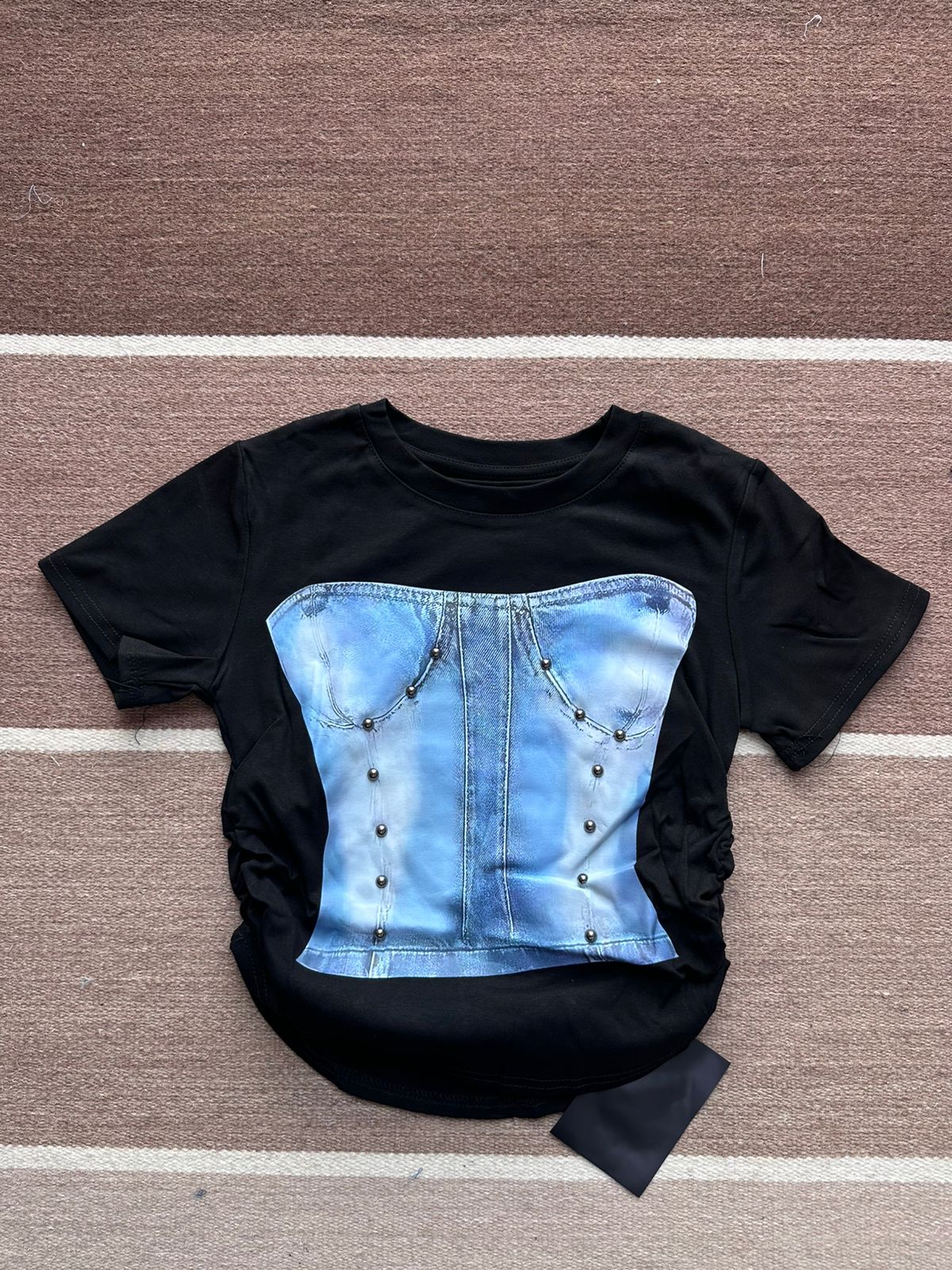 Women Premium Cotton Denim Corset Graphic Crop T-Shirt - Black