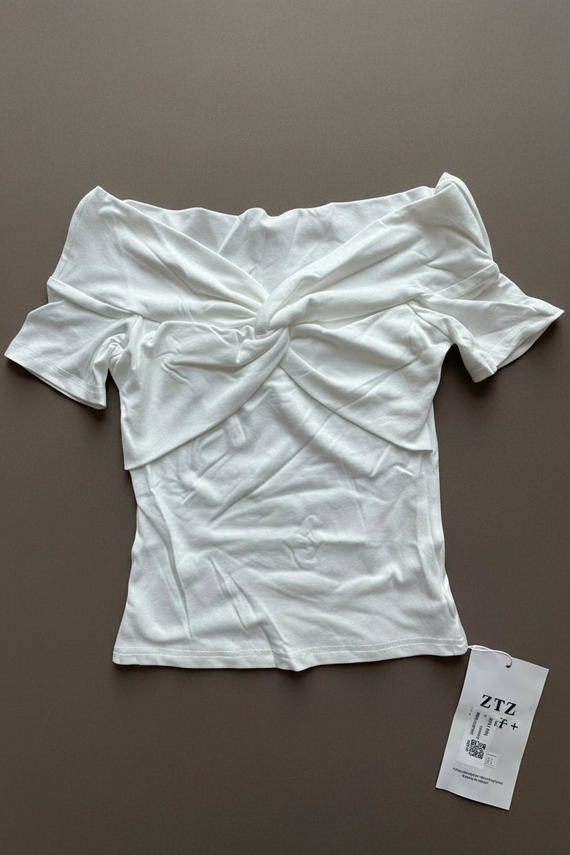 Women Cotton Twist Knot Off-Shoulder Top - White