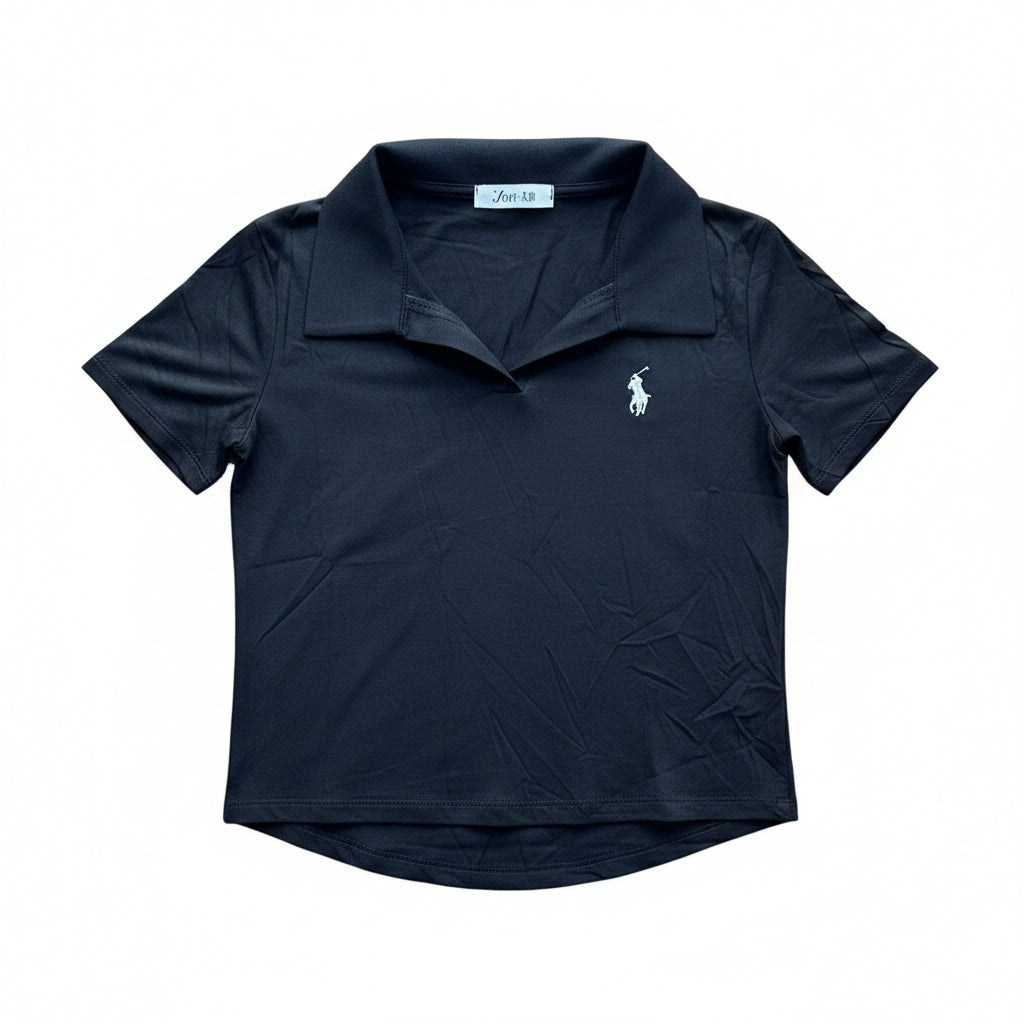 Women Cotton Polo Crop Top - Navy Blue