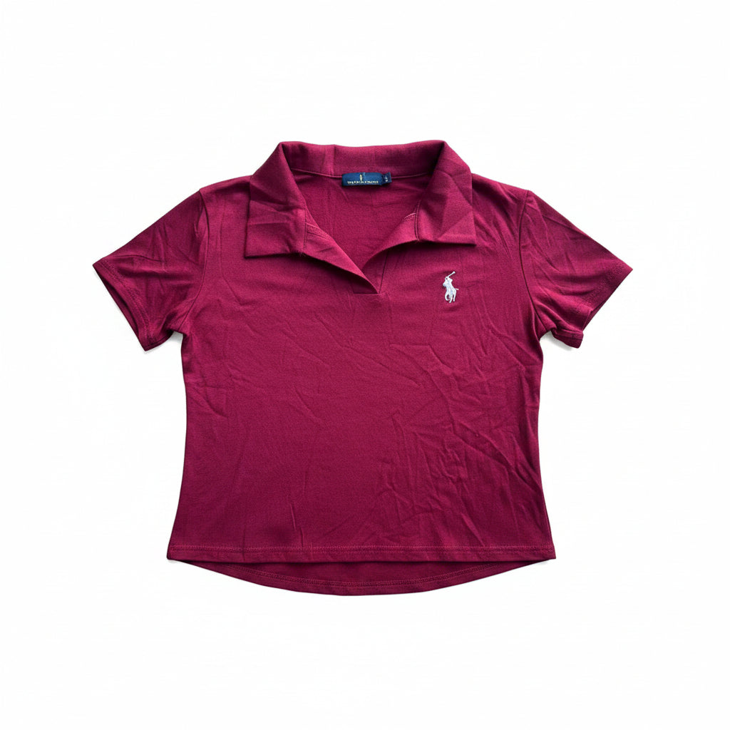 Women Cotton Polo Crop Top - Maroon