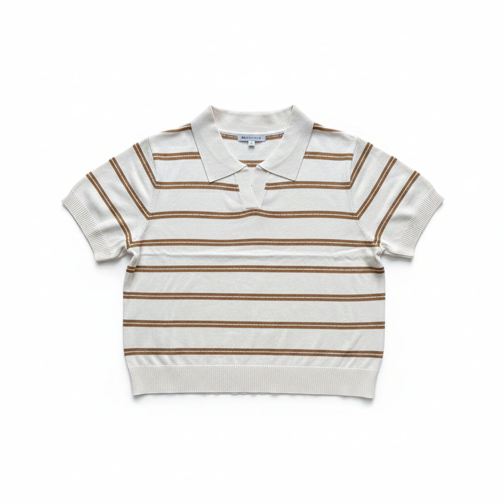 Knit Polo Top - White & Brown | Free Size