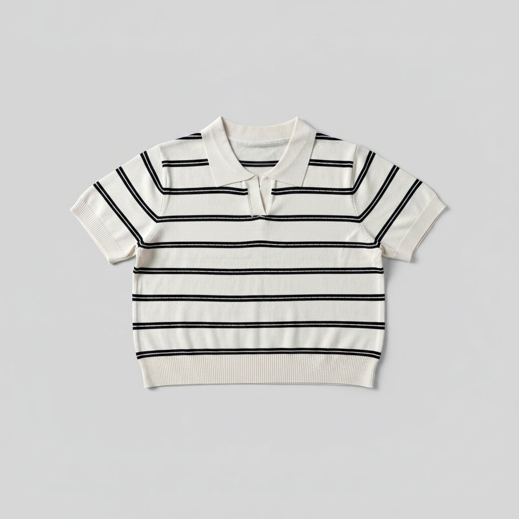 Knit Polo Top - White & Black | Free Size