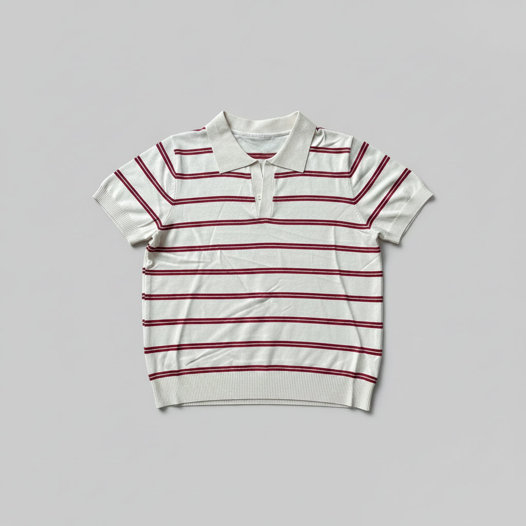 Knit Polo Top - White & Maroon | Free Size