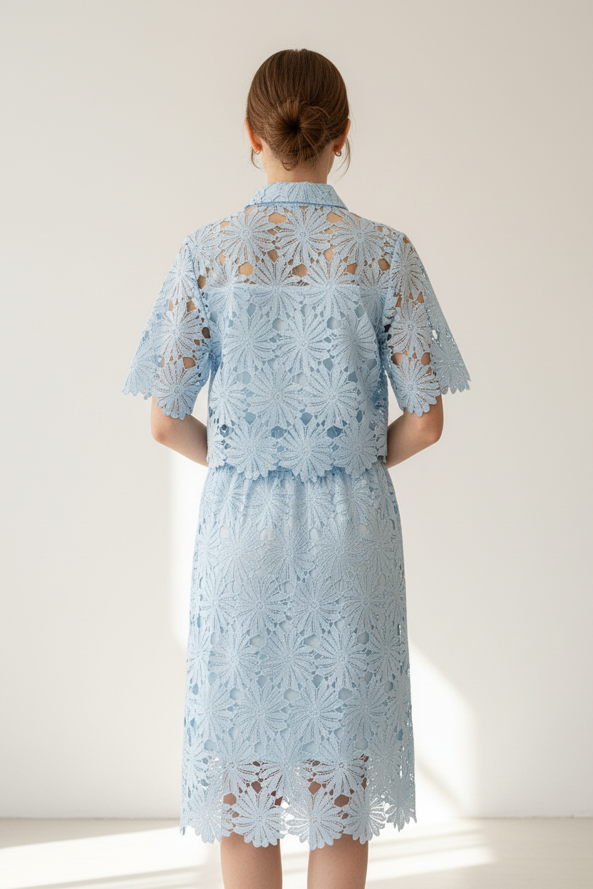 Sky Blue Floral Lace Hollow-Out Co-Ord Set – Crop Top & Midi Skirt