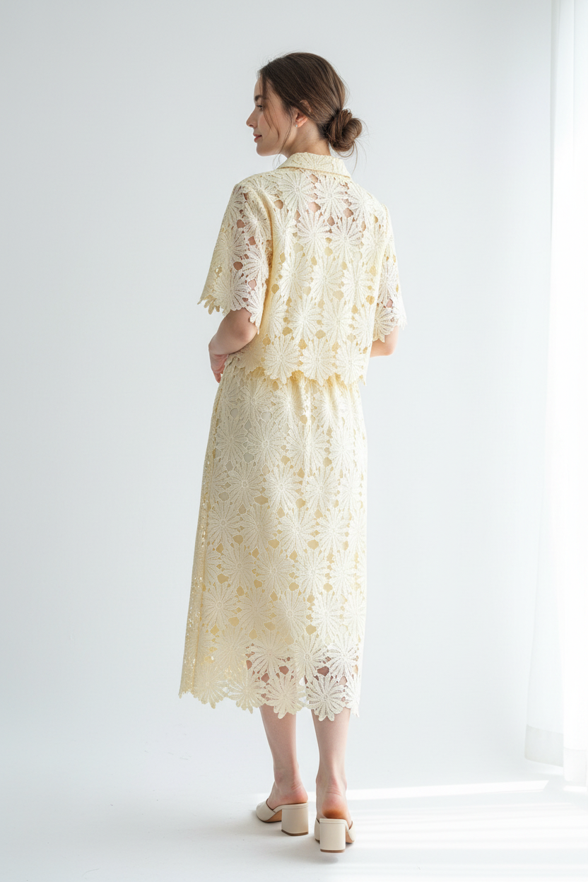 Light Yellow Floral Lace Hollow-Out Co-Ord Set – Crop Top & Midi Skirt