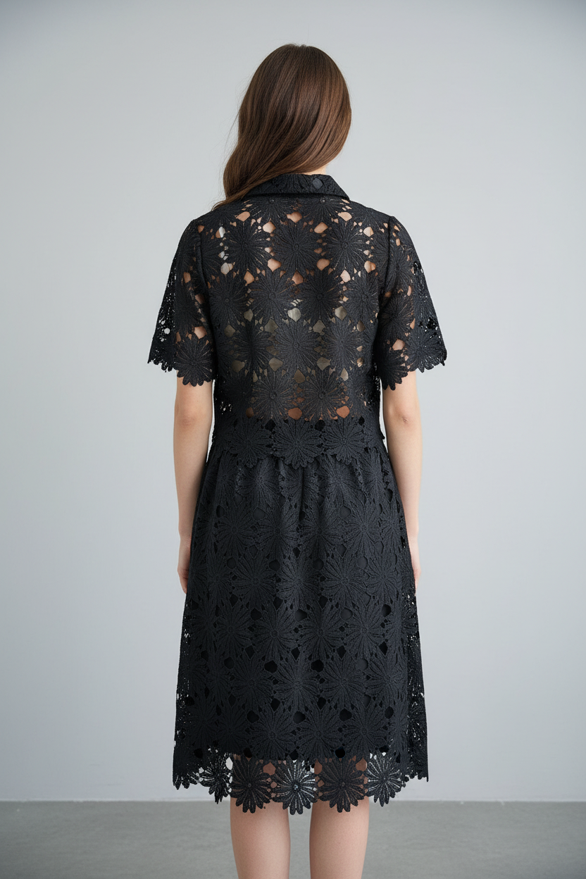 Black Floral Lace Hollow-Out Co-Ord Set – Crop Top & Midi Skirt
