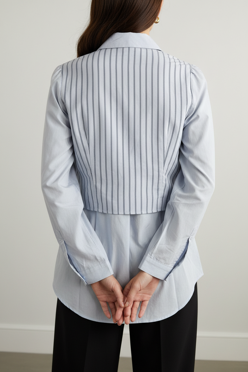 Light Blue Layered Designer Shirt – Pinstripe Vest & Plain Oversized Shirt
