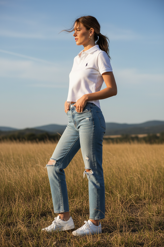 Women Cotton Polo Crop Top - Side Pose Model
