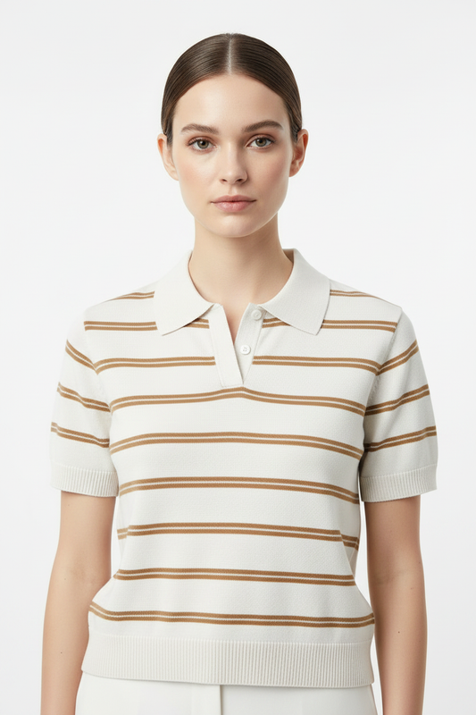 White Brown Knit Polo - Close Up
