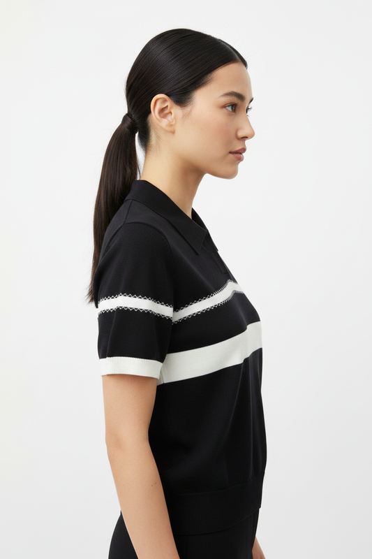 Black Knit Polo Top - Side View
