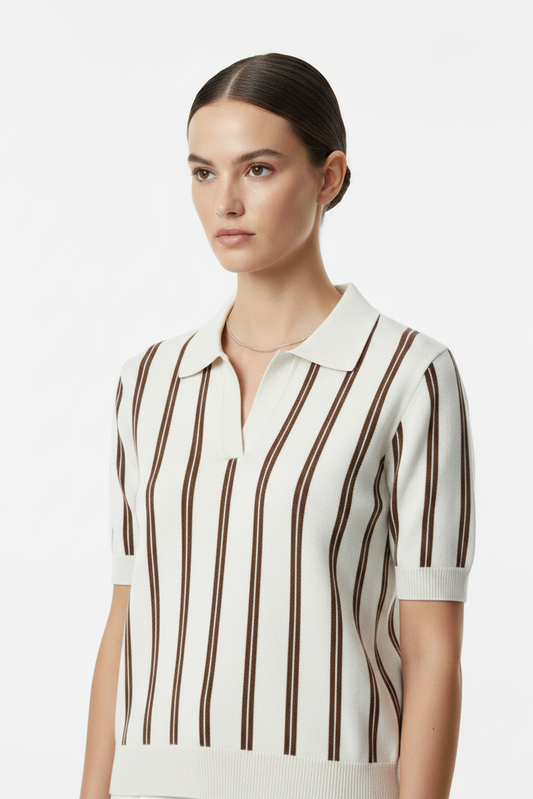 White Brown Knit Top - 3/4 Angle