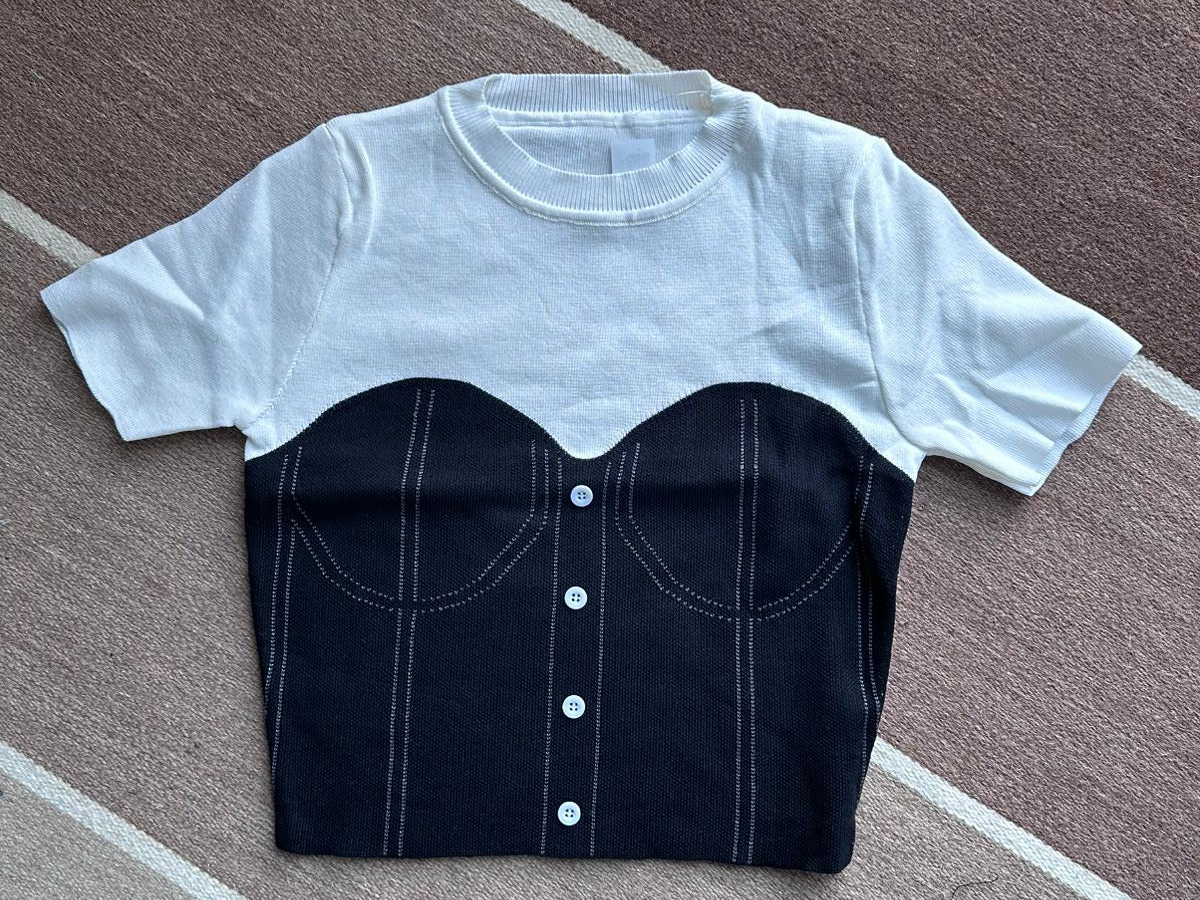 Two-Tone Knitting T-Shirt Top - White & Black