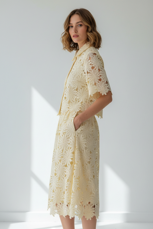Light Yellow Floral Lace Hollow-Out Co-Ord Set – Crop Top & Midi Skirt