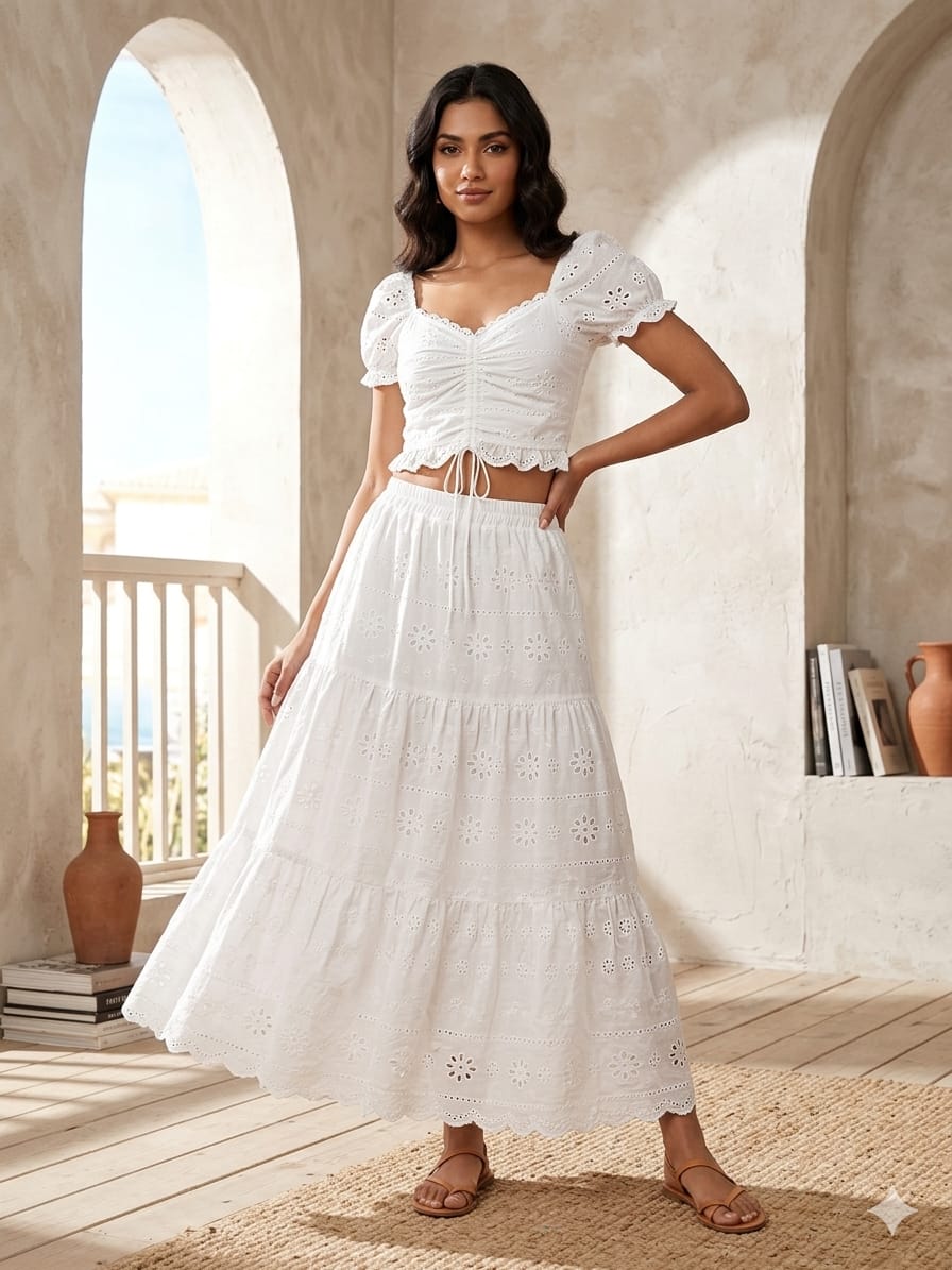 White schiffli Embroidery Co-ord Set – Crop Top With Long Skirt