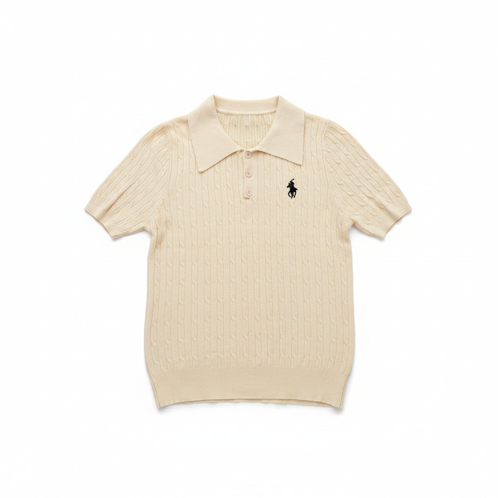 Cream Cable-Knit Polo Shirt