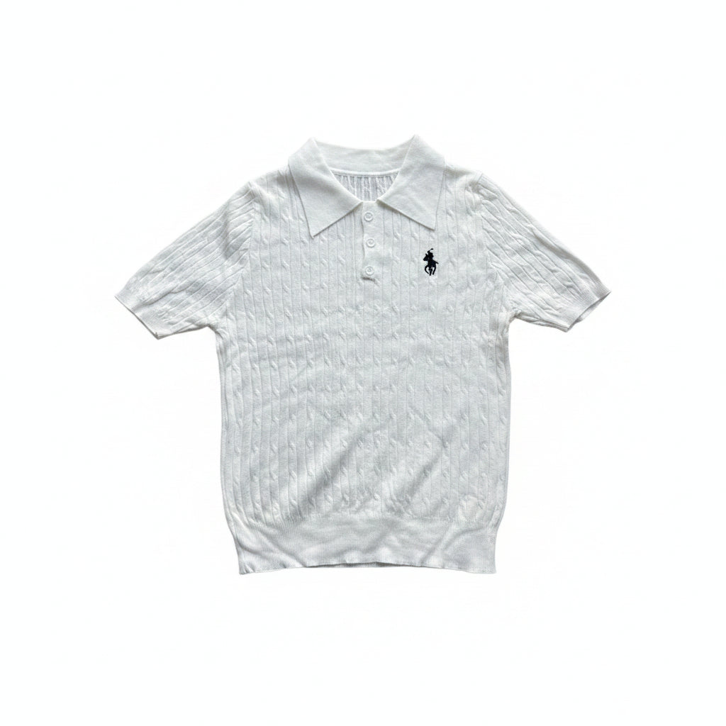 White Cable-Knit Polo Shirt
