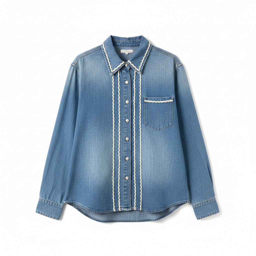 Long Sleeve Denim Shirt with Lace Trim - Blue
