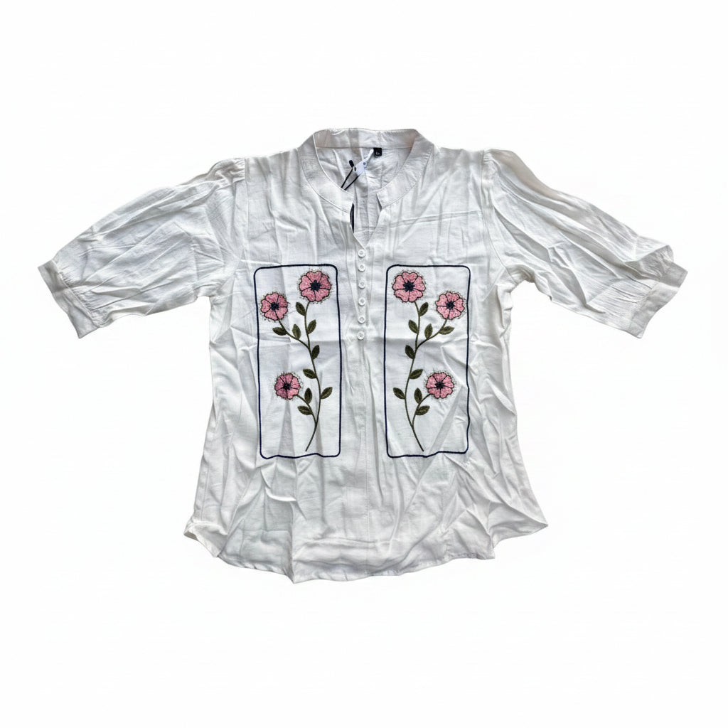Women Embroidered Puff Sleeve Top - White
