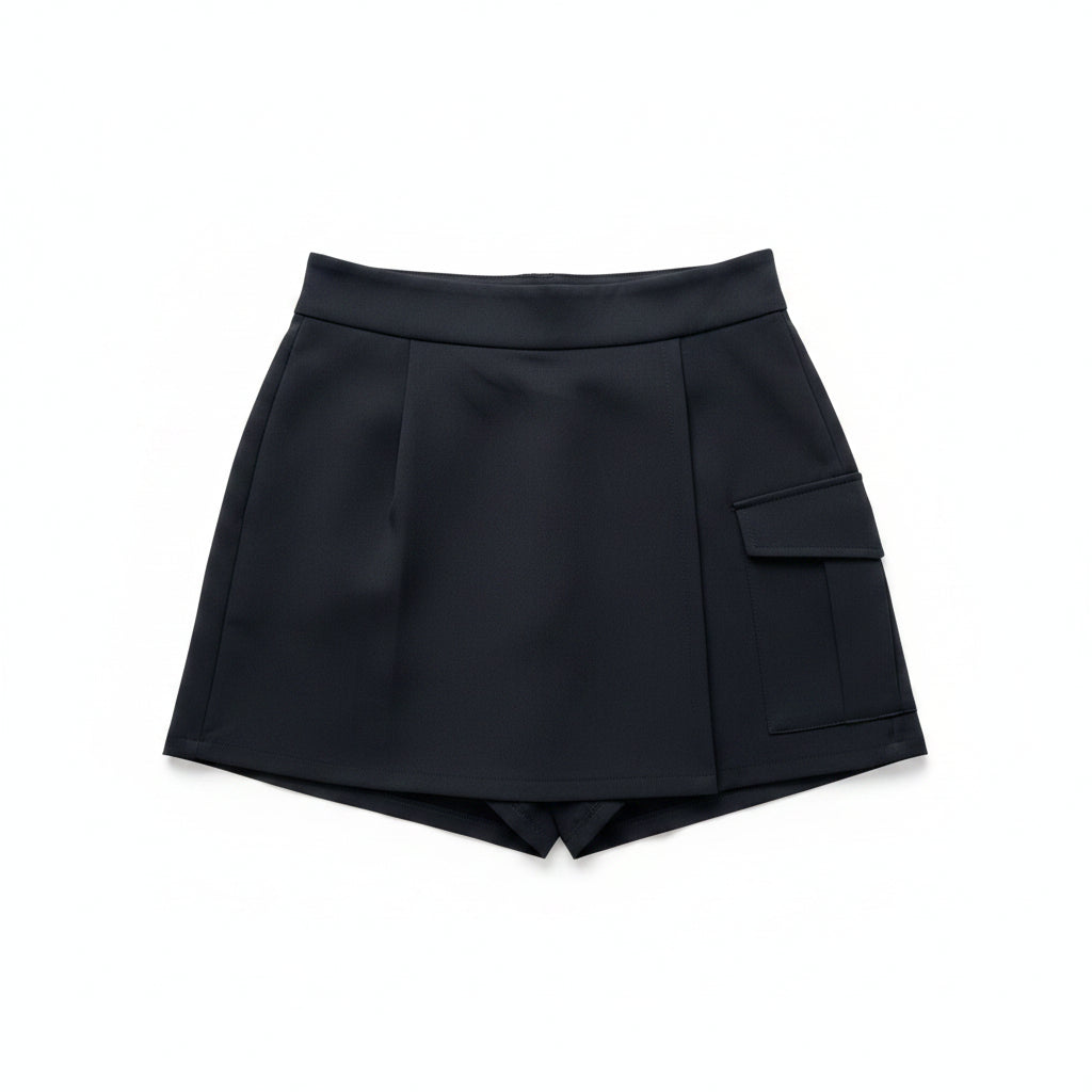 Women Pleated Skorts with Side Slit - Black