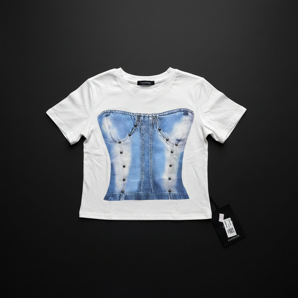 Women Premium Cotton Denim Corset Graphic Crop T-Shirt - White