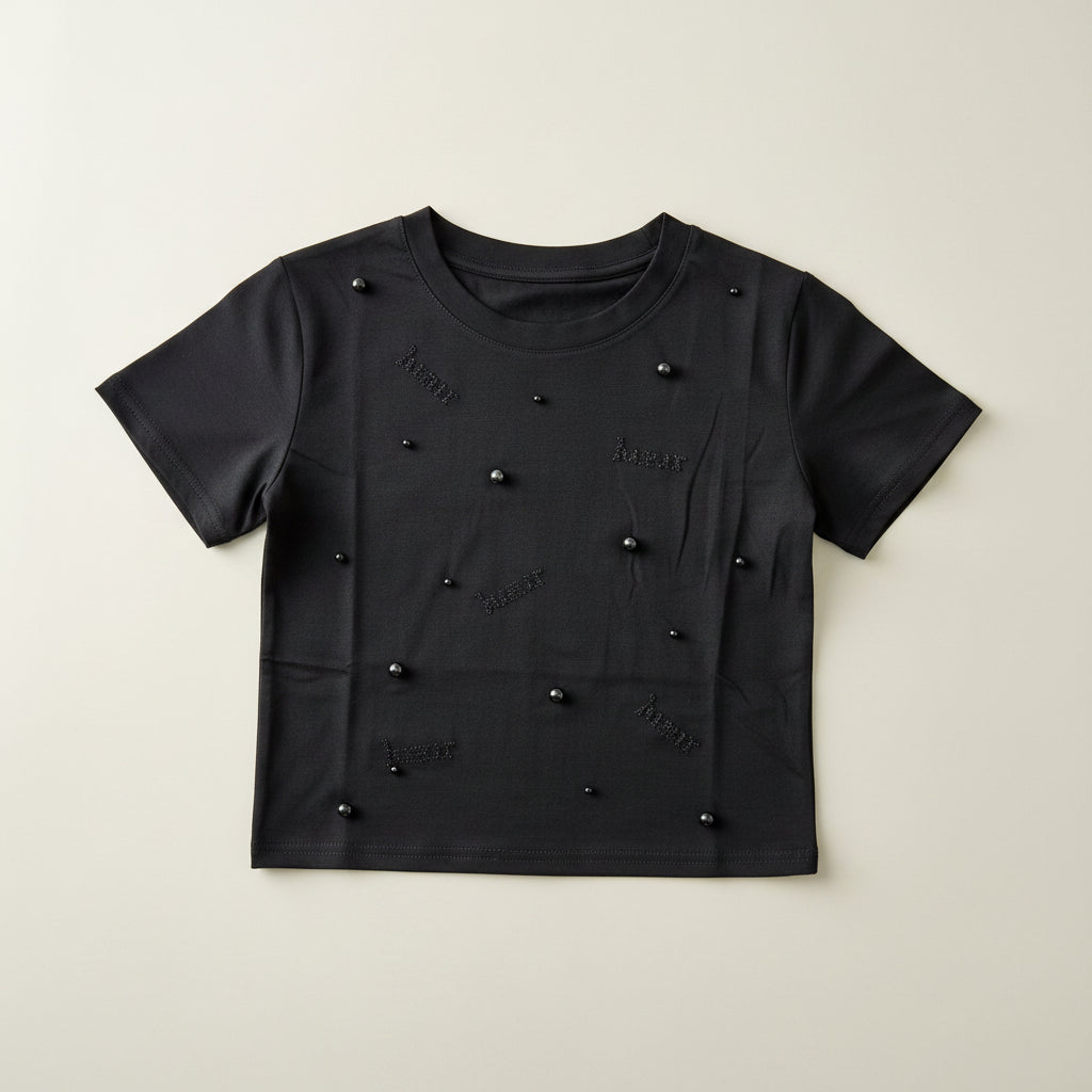 Women Premium Cotton Pearl Embellished T-Shirt - Black