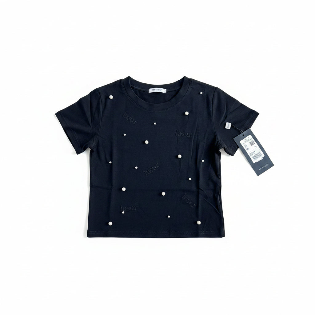 Women Premium Cotton White Pearl Embellished T-Shirt - Black