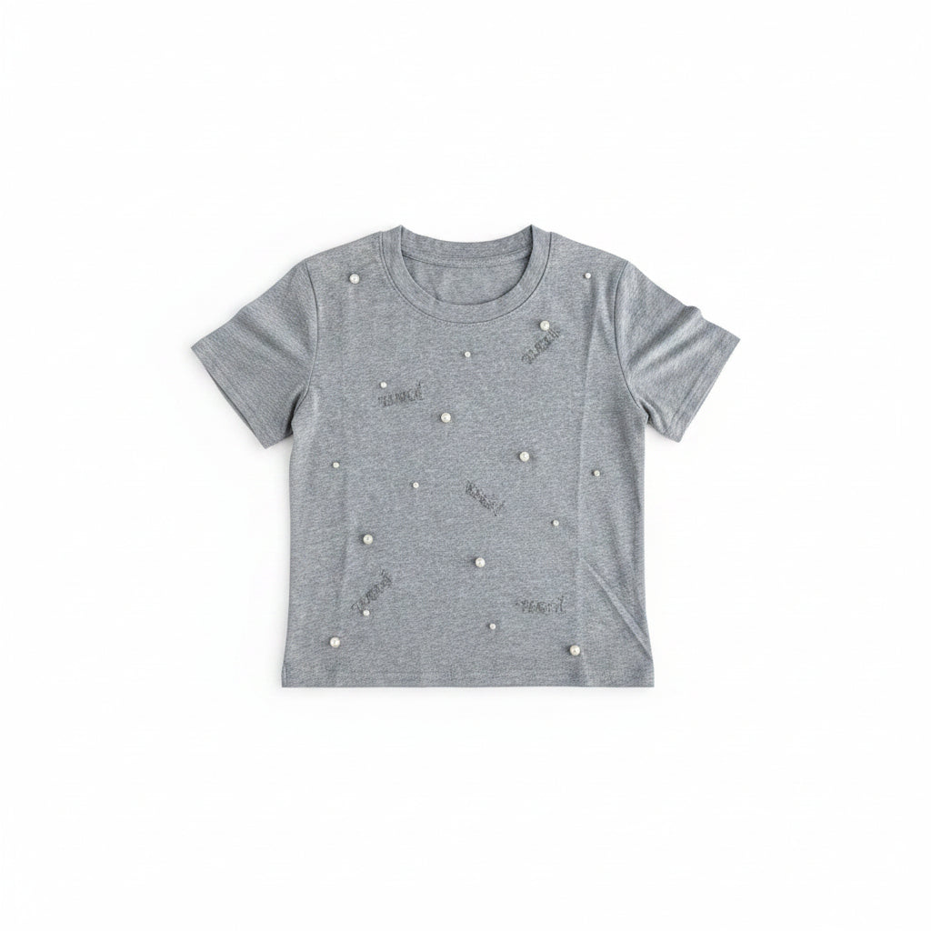 Women Premium Cotton Pearl Embellished T-Shirt - Grey
