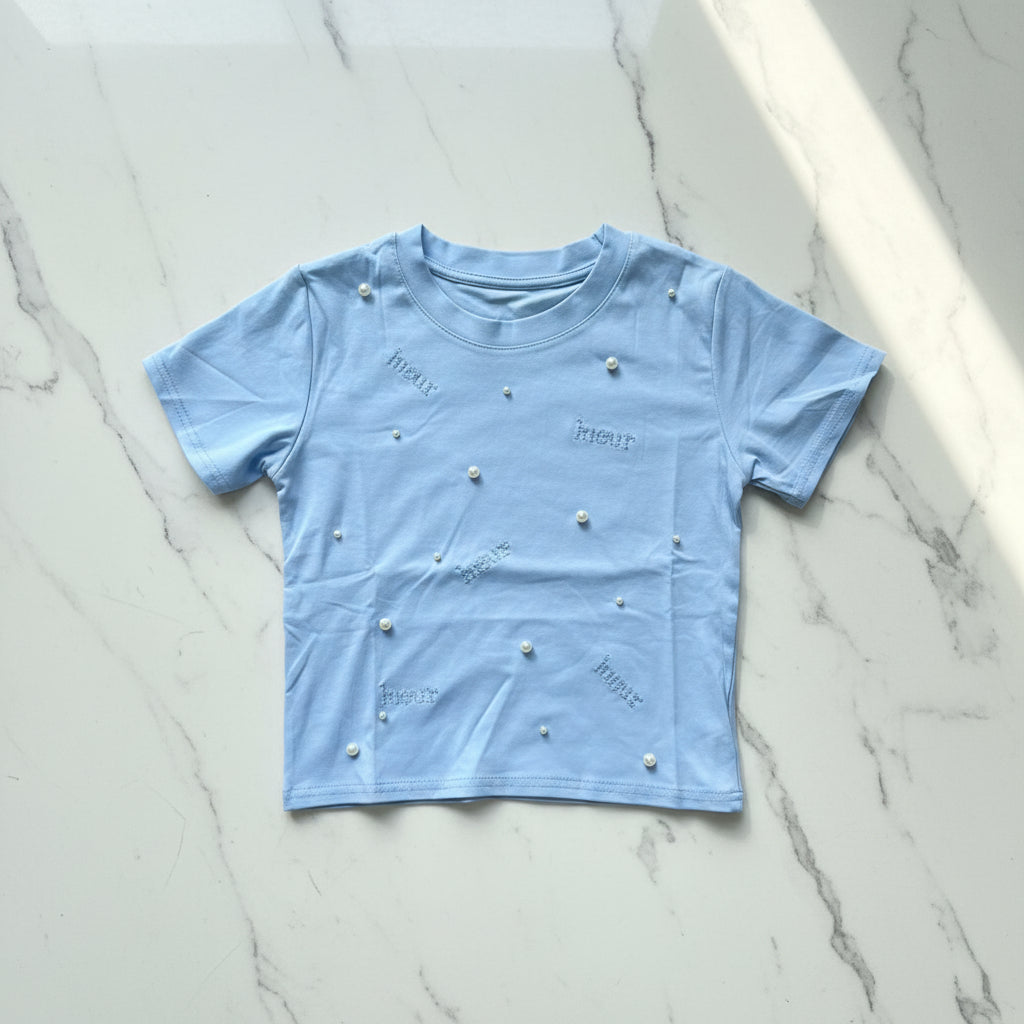 Women Premium Cotton Pearl Embellished T-Shirt - Sky Blue