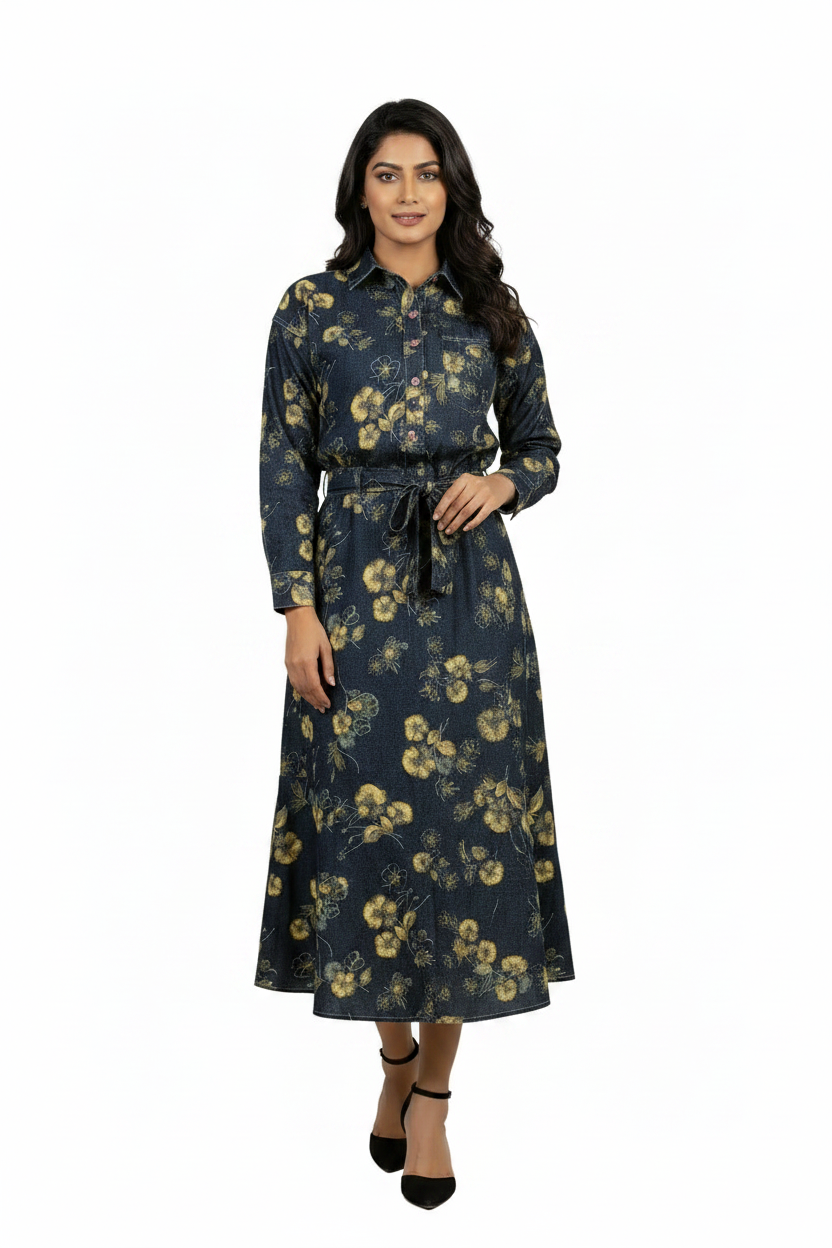 Floral Print Denim Cordset - Full sleeves shirt with long denim Skirt