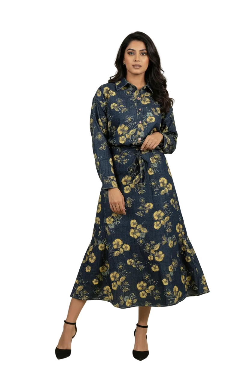 Floral Print Denim Cordset - Full sleeves shirt with long denim Skirt