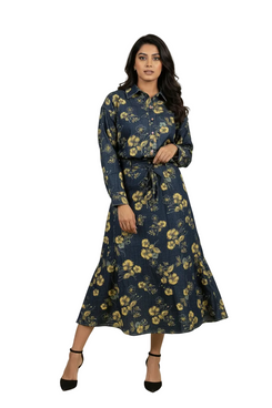 Floral Print Denim Cordset - Full sleeves shirt with long denim Skirt