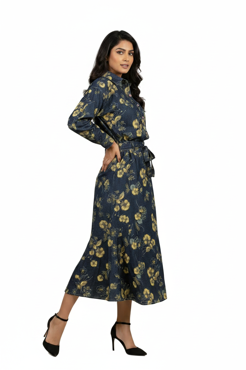 Floral Print Denim Cordset - Full sleeves shirt with long denim Skirt