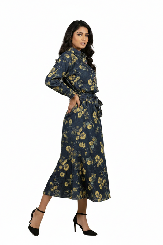 Floral Print Denim Cordset - Full sleeves shirt with long denim Skirt