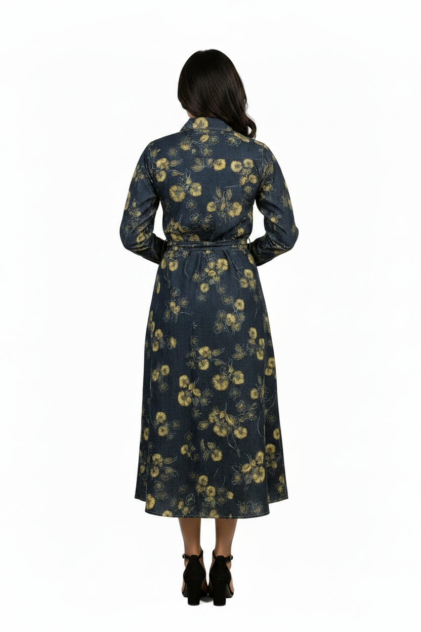 Floral Print Denim Cordset - Full sleeves shirt with long denim Skirt