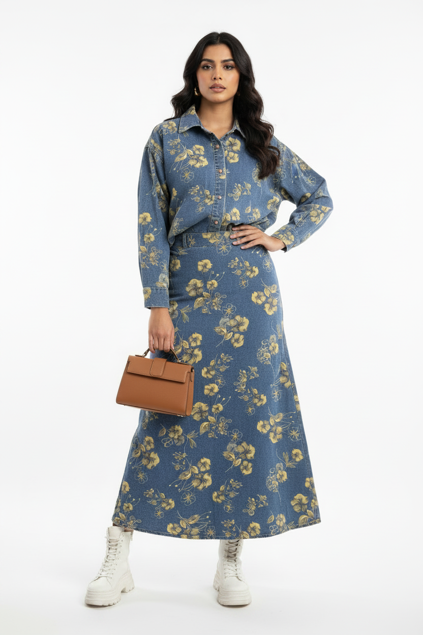 Floral Print Denim Cordset - Full sleeves shirt with long denim Skirt