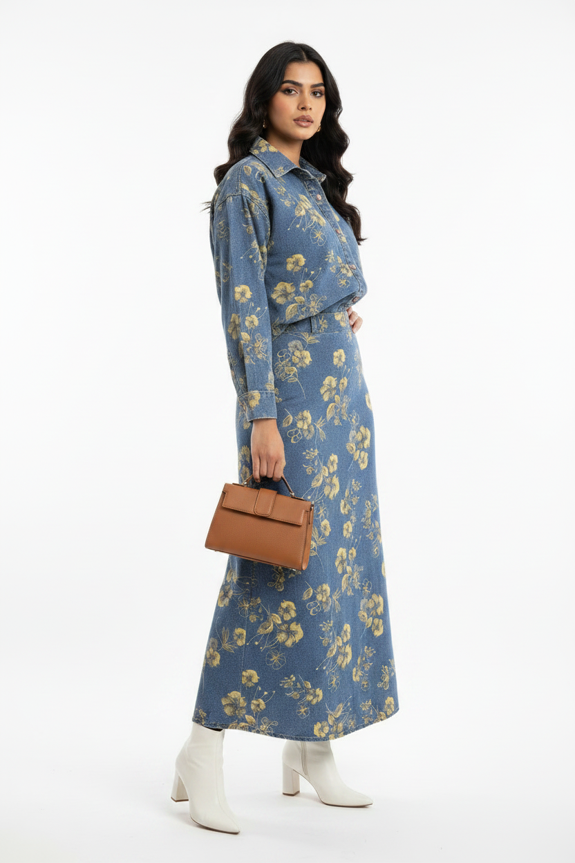 Floral Print Denim Cordset - Full sleeves shirt with long denim Skirt