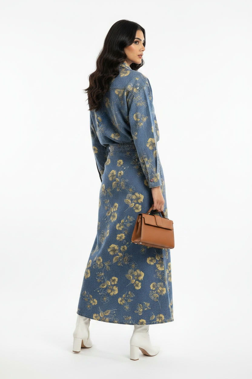 Floral Print Denim Cordset - Full sleeves shirt with long denim Skirt
