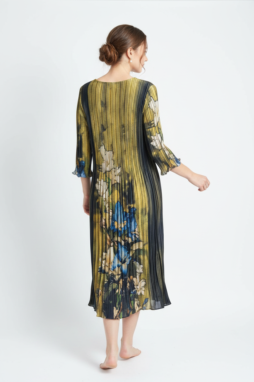 Magical Pleated Floral Midi Dress – Golden & Navy Blue