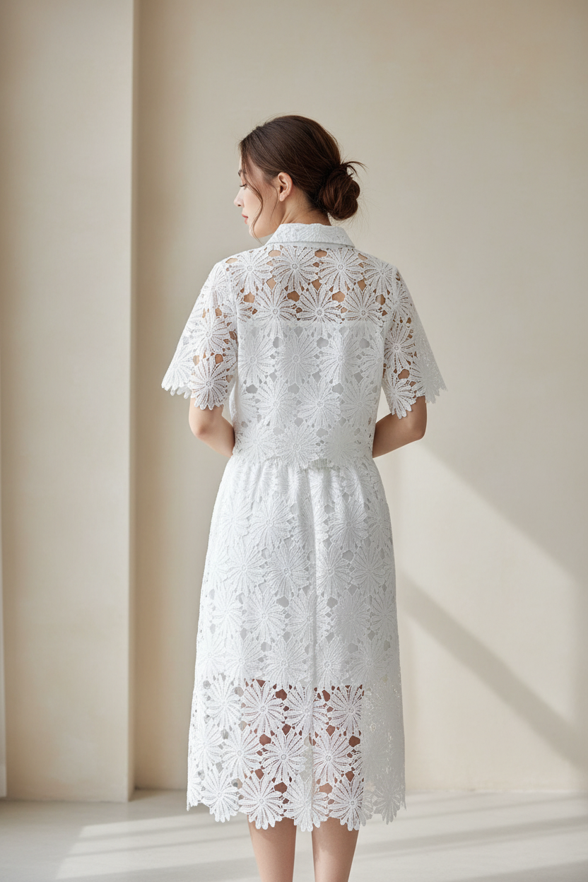 White Floral Lace Hollow-Out Co-Ord Set – Crop Top & Midi Skirt