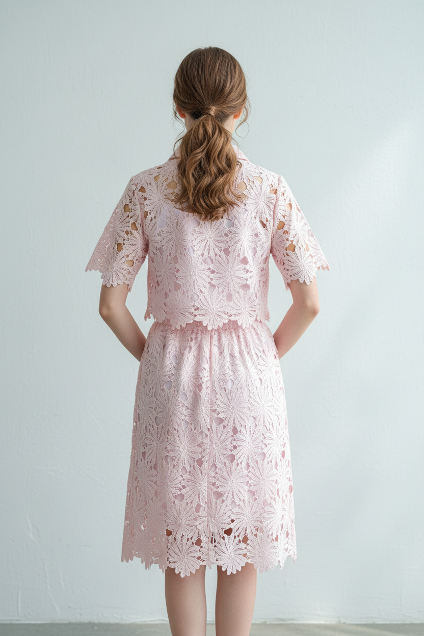 Light Pink Floral Lace Hollow-Out Co-Ord Set – Crop Top & Midi Skirt