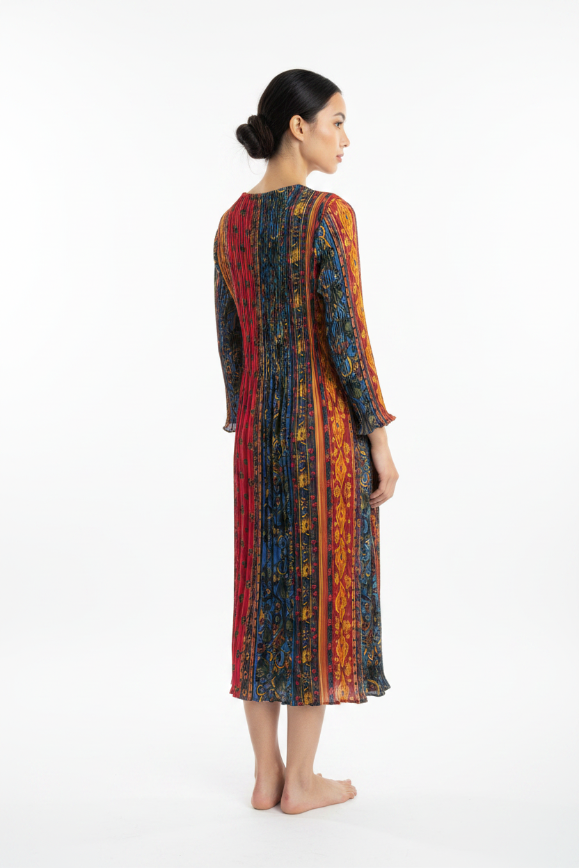 Magical Multicolor Pleated Midi Dress – Vibrant Floral & Paisley Print