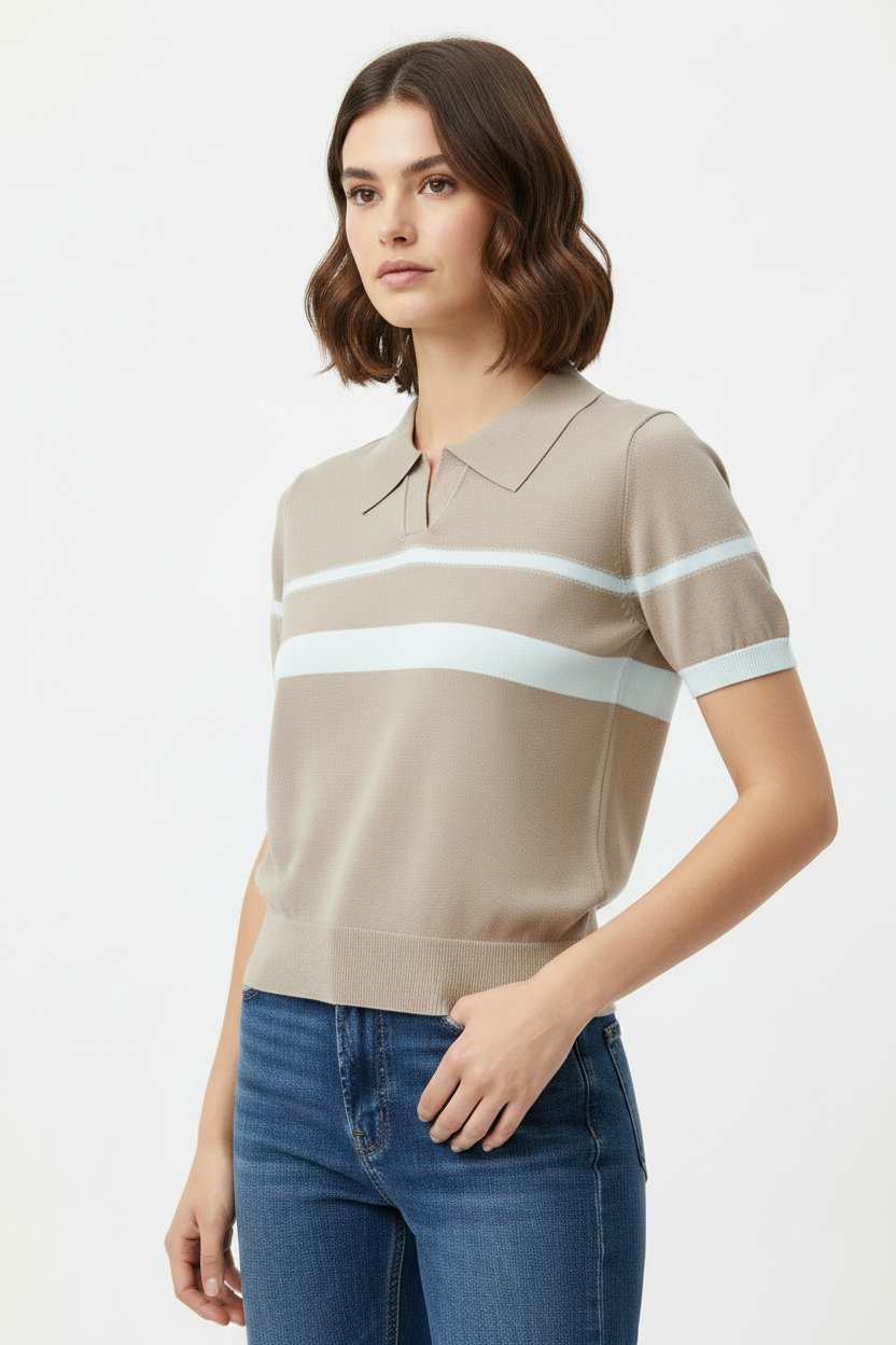 Beige Knit Polo - 3/4 Angle