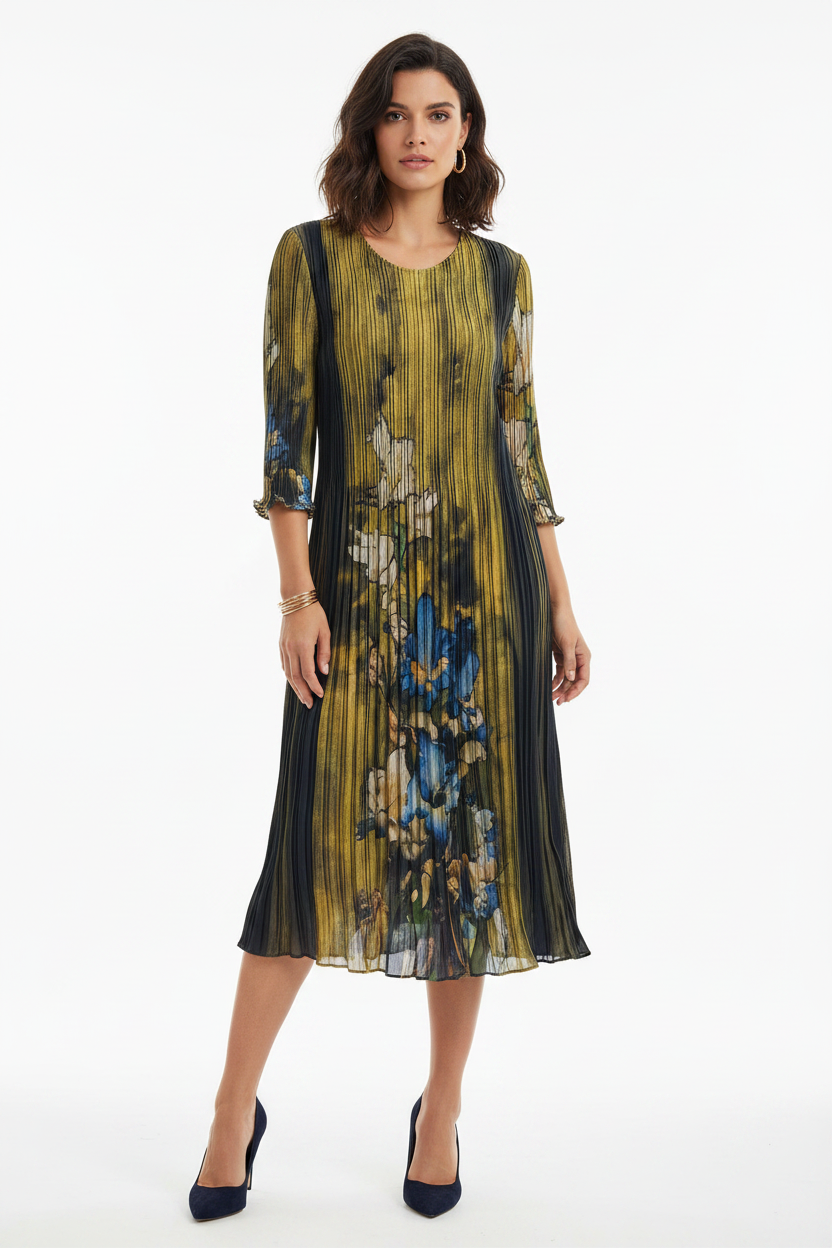 Magical Pleated Floral Midi Dress – Golden & Navy Blue