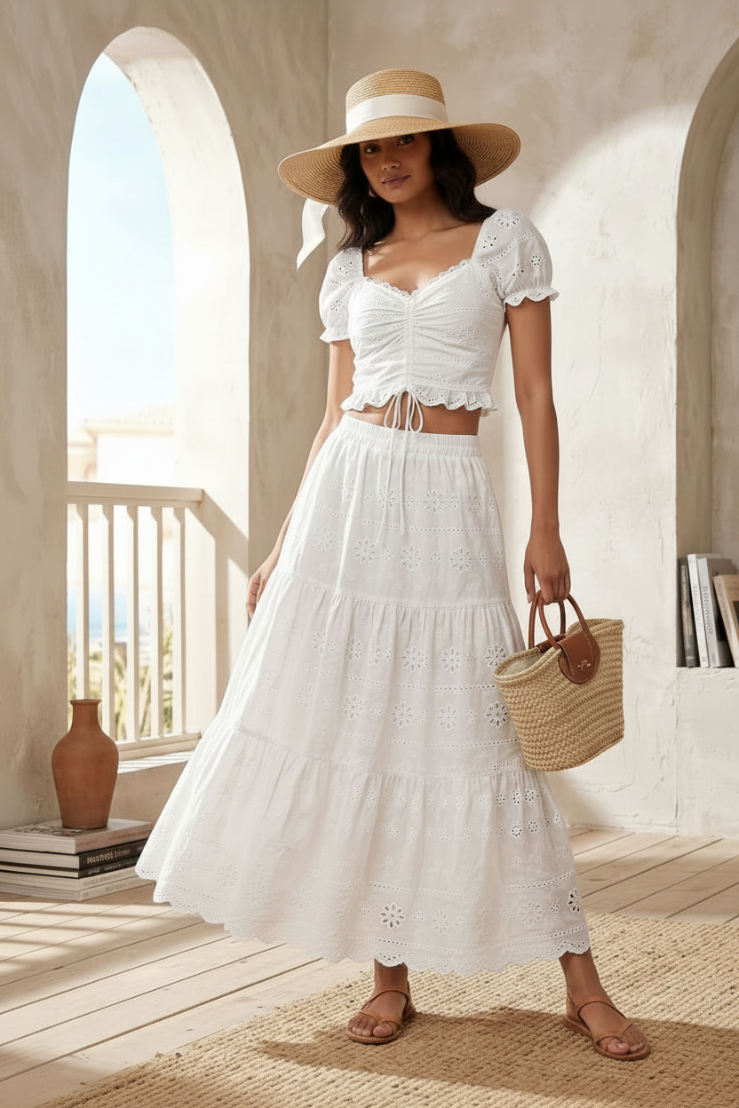 White schiffli Embroidery Co-ord Set – Crop Top With Long Skirt