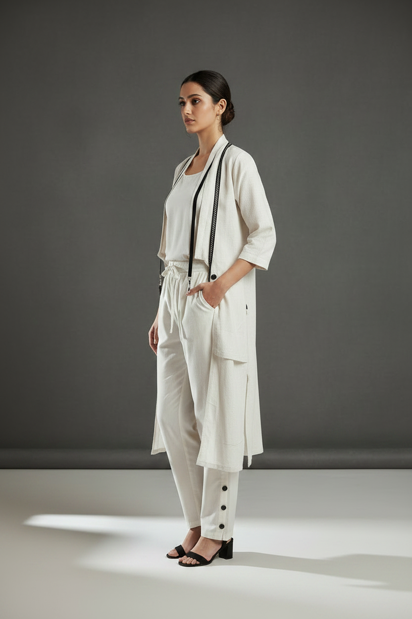 Beige 3-Piece Cordset – Shrug, Long Top & Pants